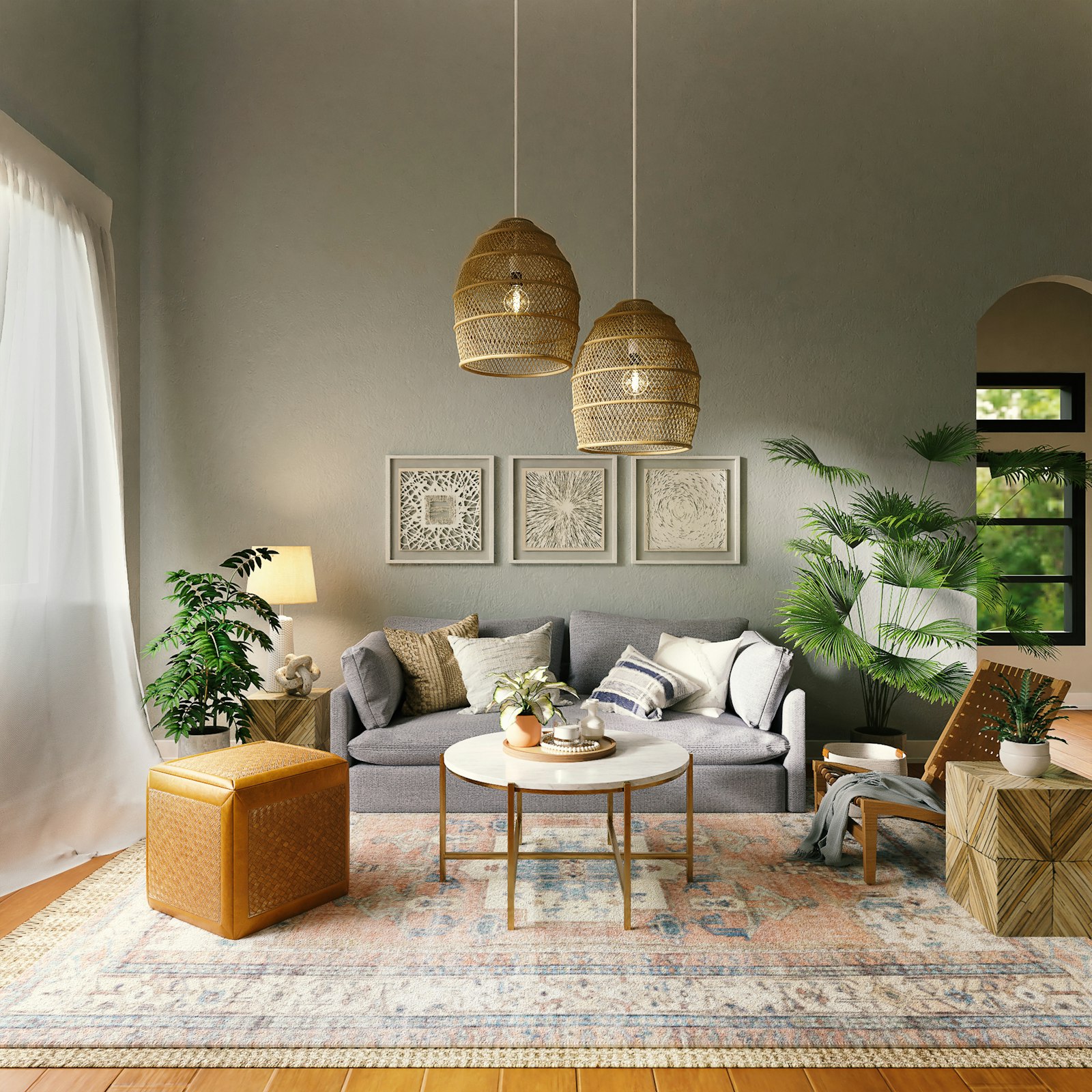 Salón con pared pintada en verde salvia y lámparas colgantes