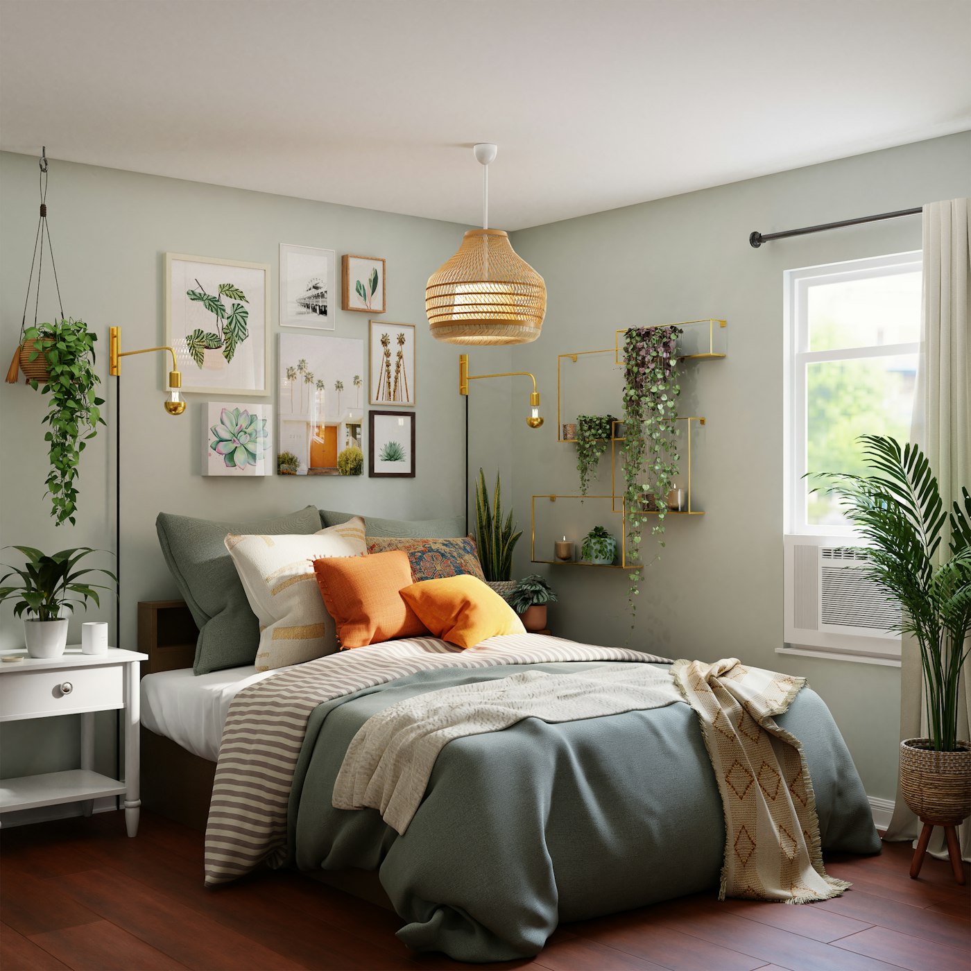 Dormitorio decorado con pared salvia